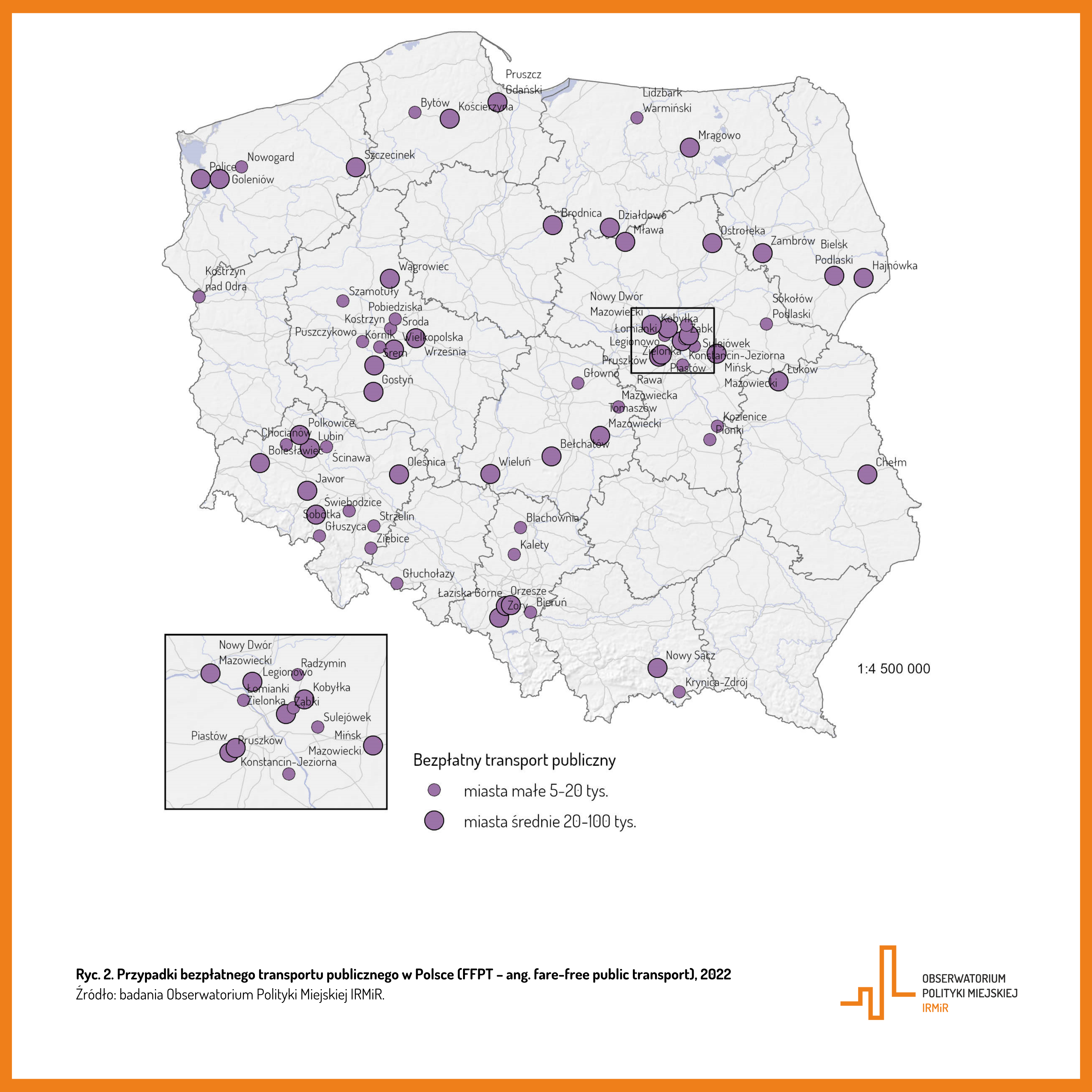 Europejski Tydzień Mobilności - Ryc. 2. Przypadki bezpłatnego transportu publicznego w Polsce (FFPT – ang. fare-free public transport), 2022
